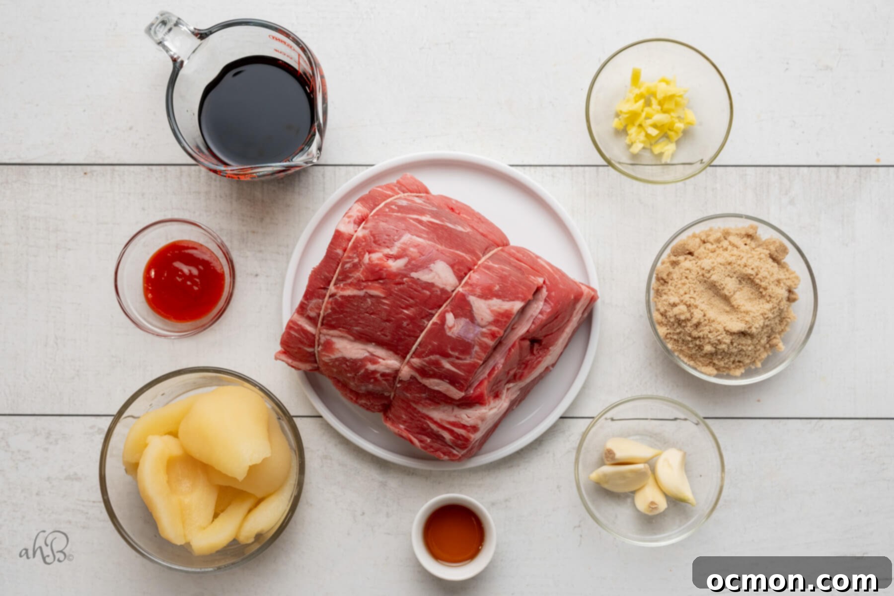 The ingredients are separated into different glass containers.