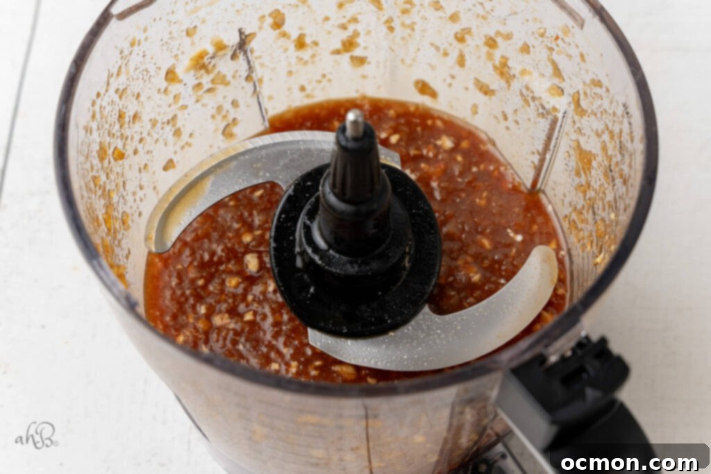 The ingredients for the sauce have been blended in a food processor.