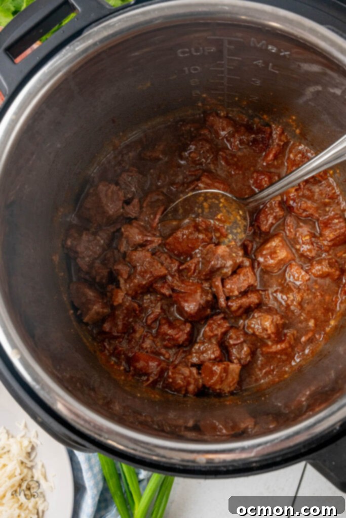 The sauce and cubed beef have been cooked together in the instant pot.