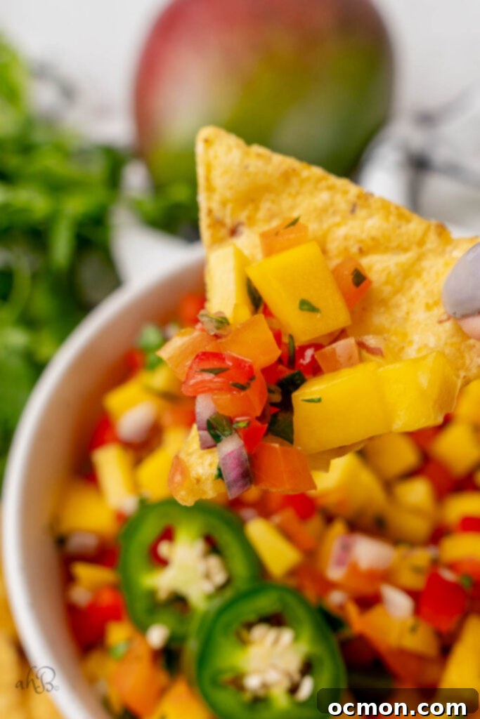 A tortilla chip loaded with mango salsa. 