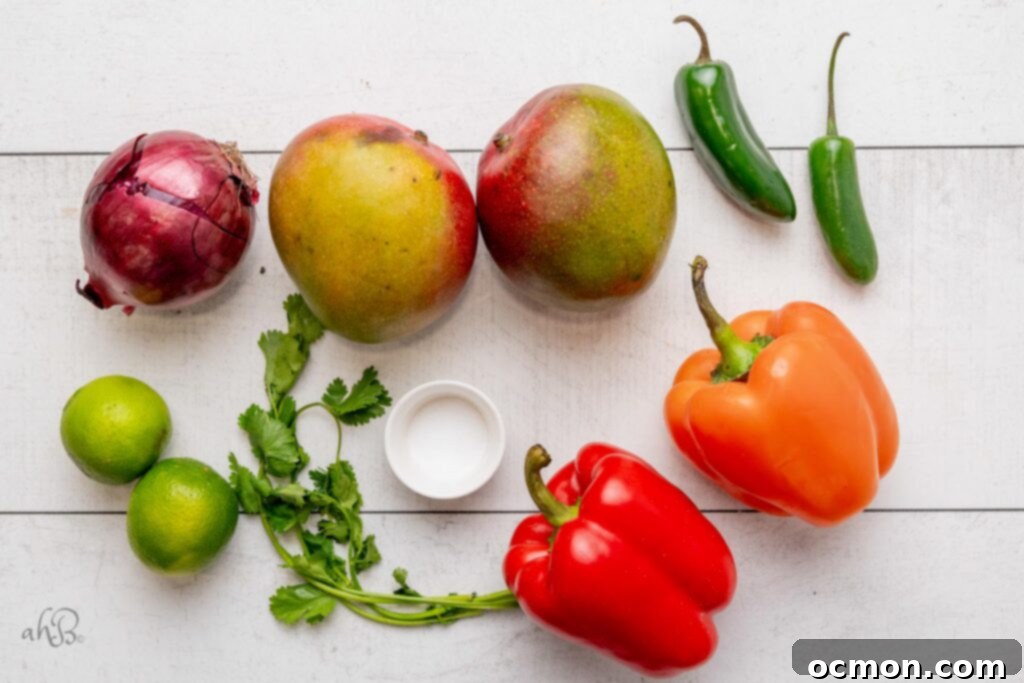 Red onion, 2 mangos, 2 jalapenos, 2 limes, cilantro, salt, and 2 bell peppers on a white background. 