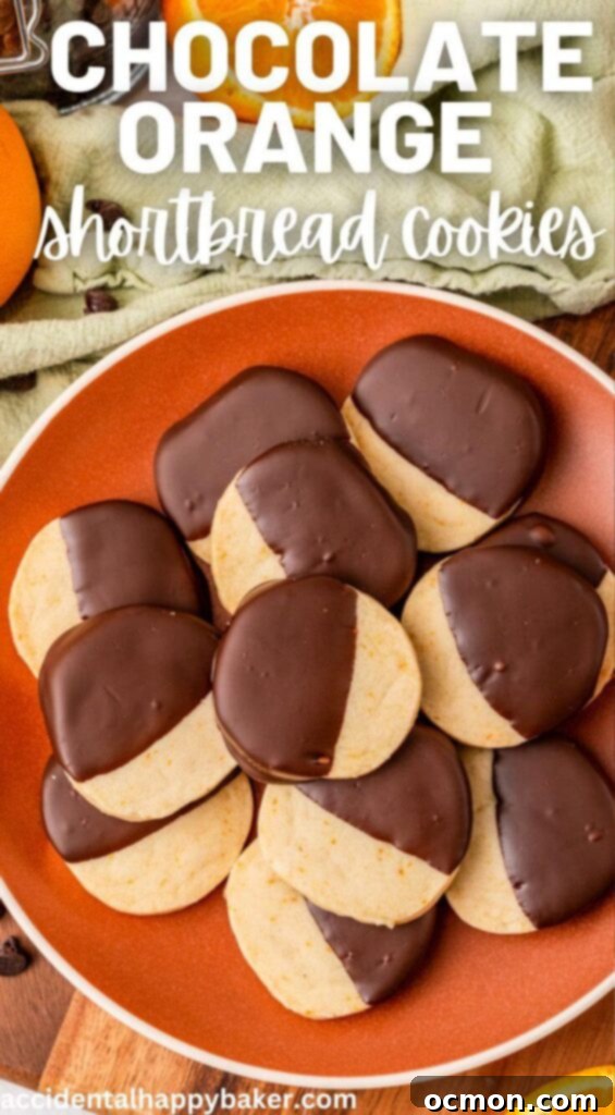 Orange Zest Chocolate Shortbread 14 A single, perfectly baked and dark chocolate-dipped orange shortbread cookie with a bite taken out, resting on a rustic wooden surface, highlighting its homemade charm.