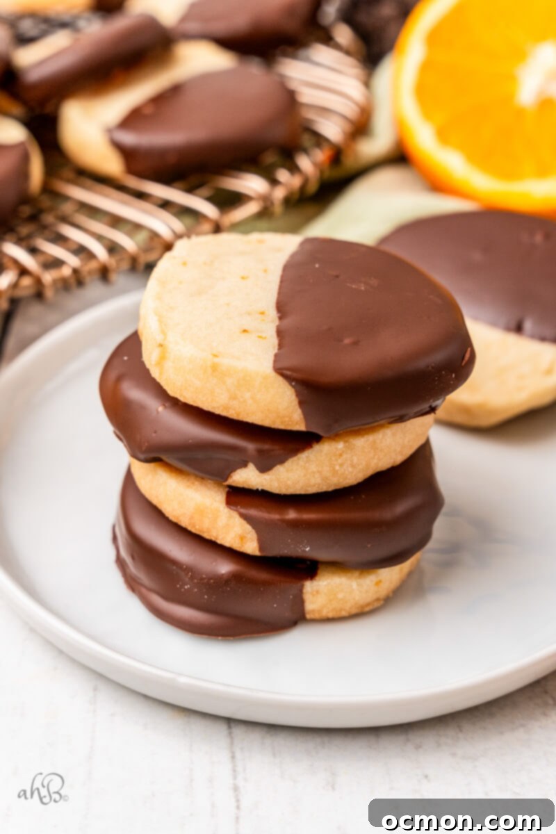 Orange Zest Chocolate Shortbread 4 A perfectly stacked pile of four dark chocolate dipped orange shortbread cookies, showcasing their inviting texture and rich coating.