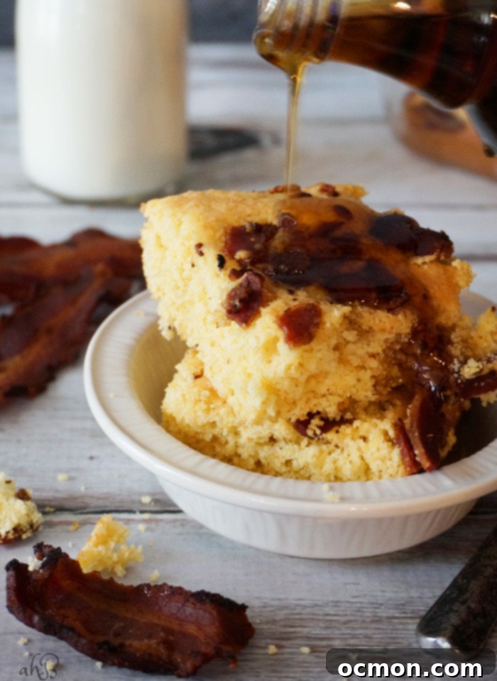 Sweet & Savory Maple Bacon Cornbread 2 Sweet and savory maple bacon cornbread, a simple twist on cornbread mix that takes 25 minutes.