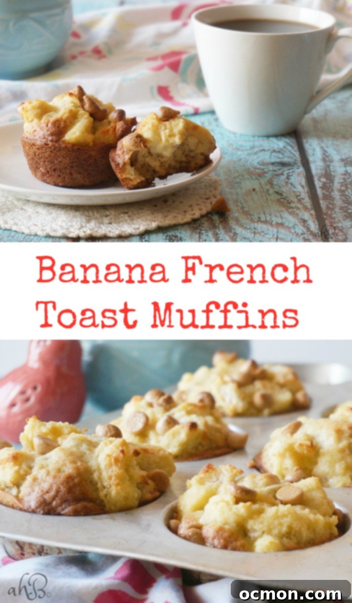 Golden Banana French Toast Muffins 2 Banana French Toast Muffins, soft and moist banana muffins with a light and fluffy French toast topping and a sprinkle of peanut butter chips.