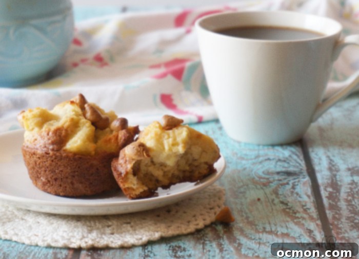 Golden Banana French Toast Muffins 5 Banana French Toast Muffins, soft and moist banana muffins with a fluffy french toast topping and a sprinkle of peanut butter chips.