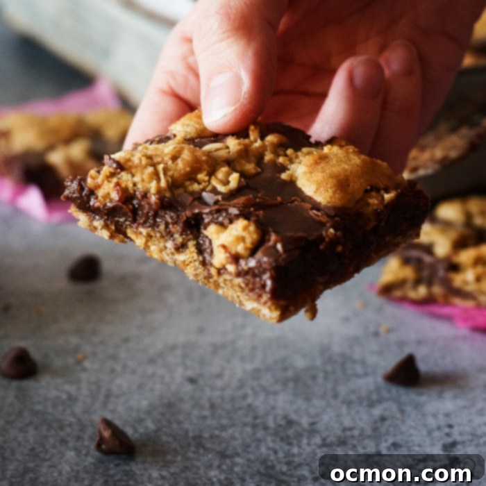 Decadent Chocolate Revelry Bars 3 A close-up shot revealing the rich, layered texture of a Chocolate Revel Bar, highlighting the fudgy chocolate filling and oatmeal crust.