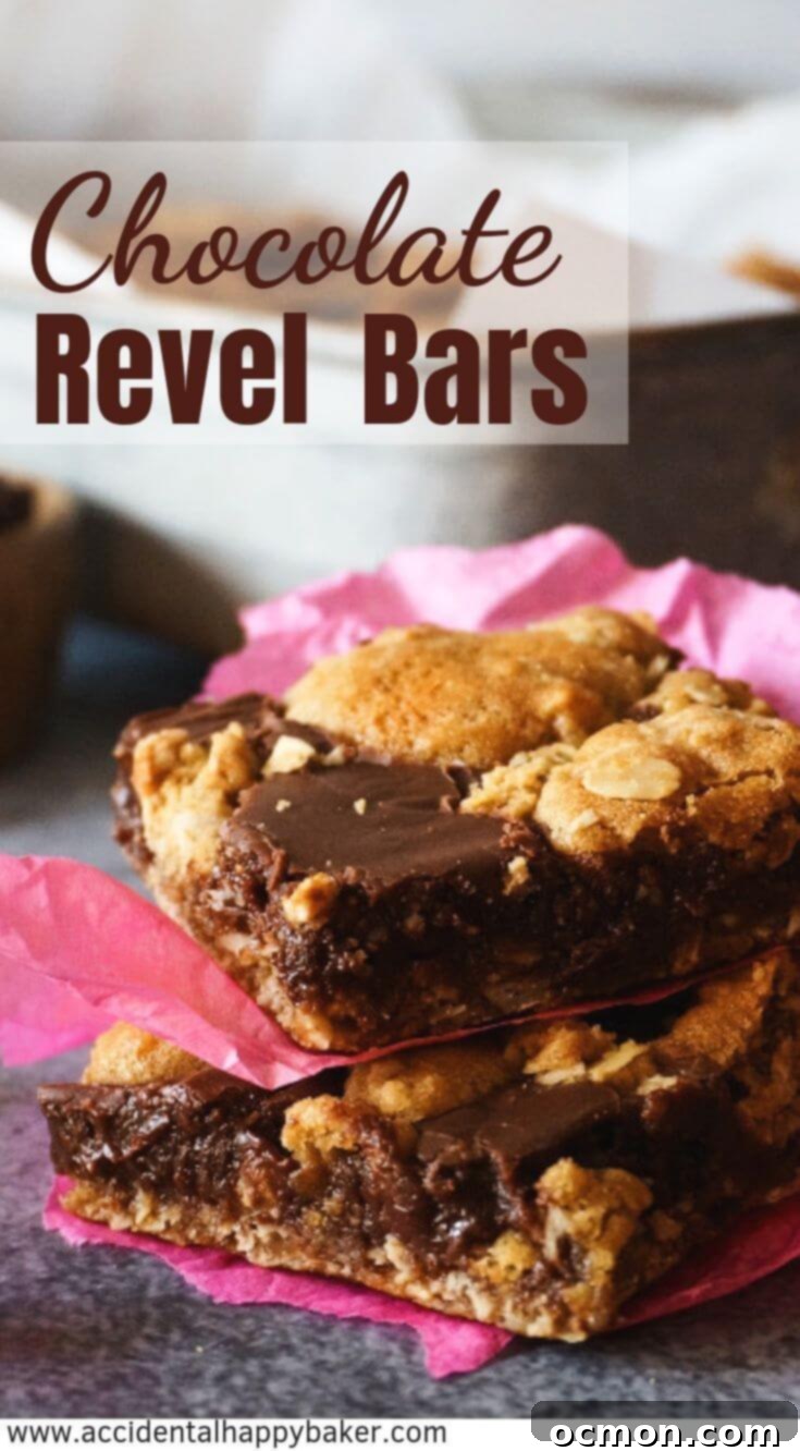 Decadent Chocolate Revelry Bars 6 A perfectly portioned Chocolate Revel Bar, showcasing its rich layers of oatmeal and fudge, ready to be enjoyed. Perfect for a quick dessert or snack.