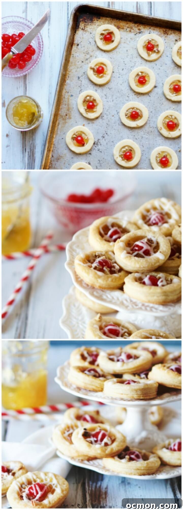 Close-up of Pineapple Cookies, showcasing their light flaky pastry, juicy pineapple filling, and toppings of maraschino cherries, pecans, and powdered sugar glaze.