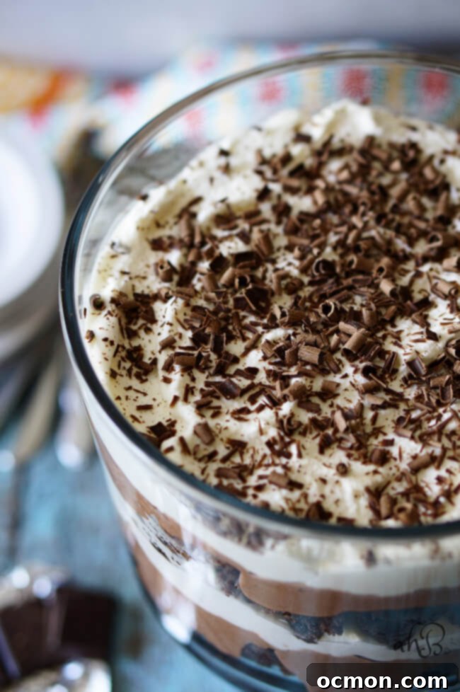 Close-up of the Chocolate Brownie Trifle showing its tempting layers