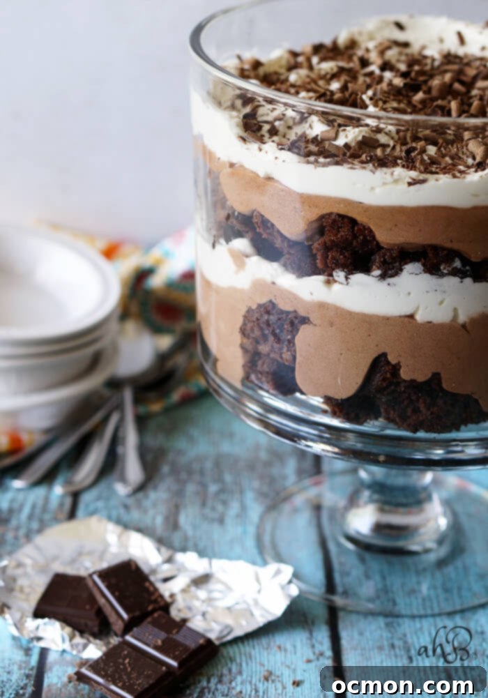 Chocolate Brownie Trifle, ready to be served, highlighting its deep chocolate and cream layers