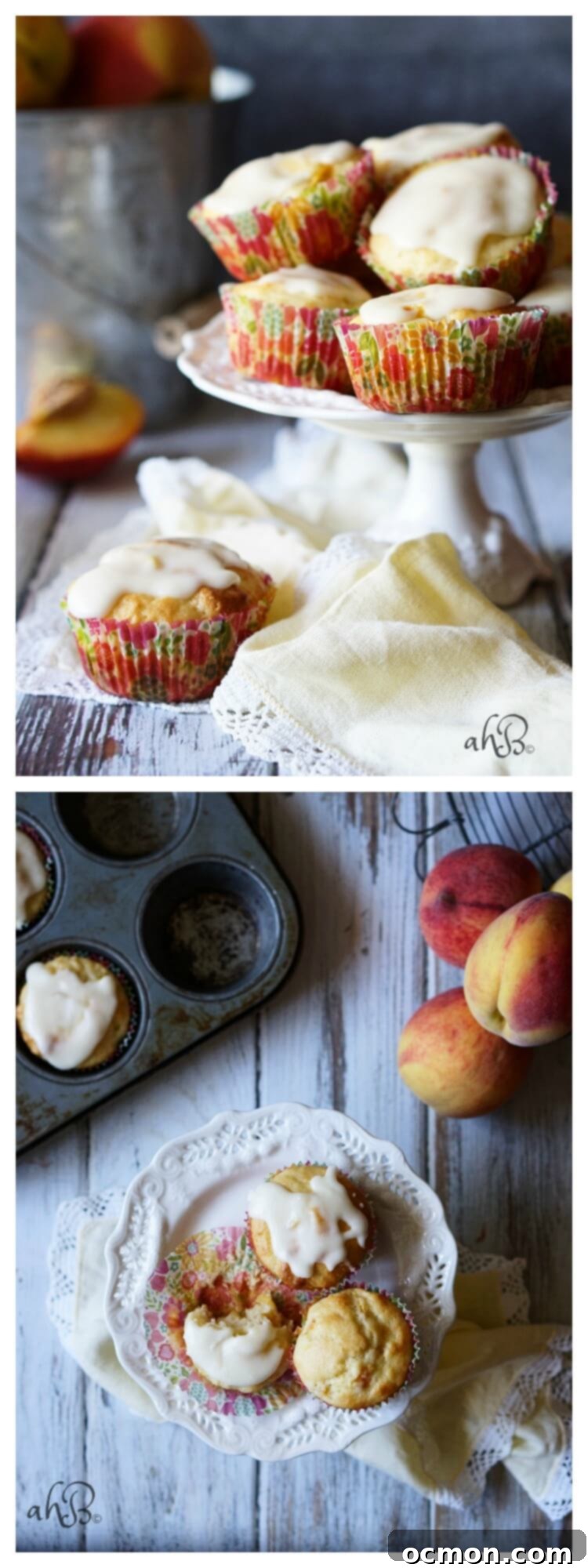 Golden Peach Cloud Muffins 2 Close-up of freshly baked Peaches and Cream Muffins with a sweet vanilla glaze, ideal for breakfast or dessert