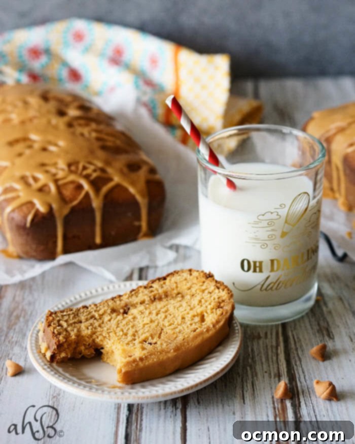 Close-up of a slice of Triple Butterscotch Pound Cake