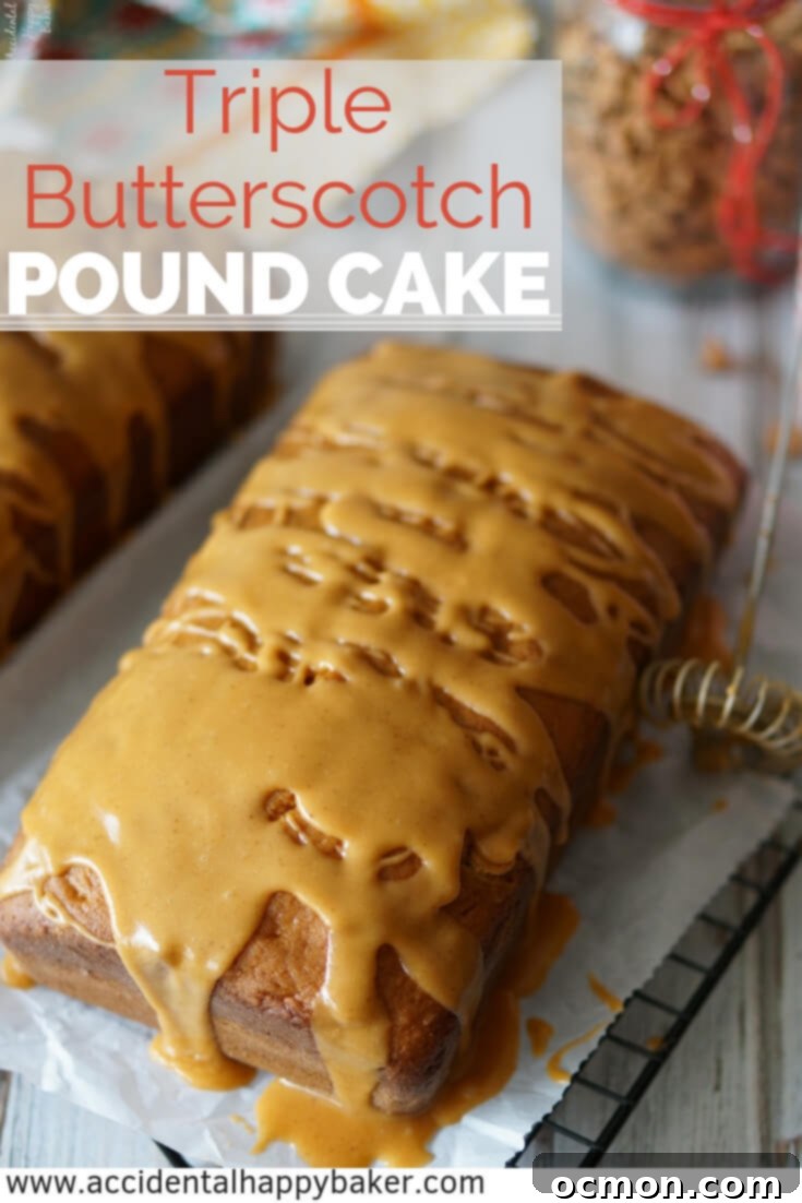 Triple Butterscotch Pound Cake with browned butter glaze on a wooden board.