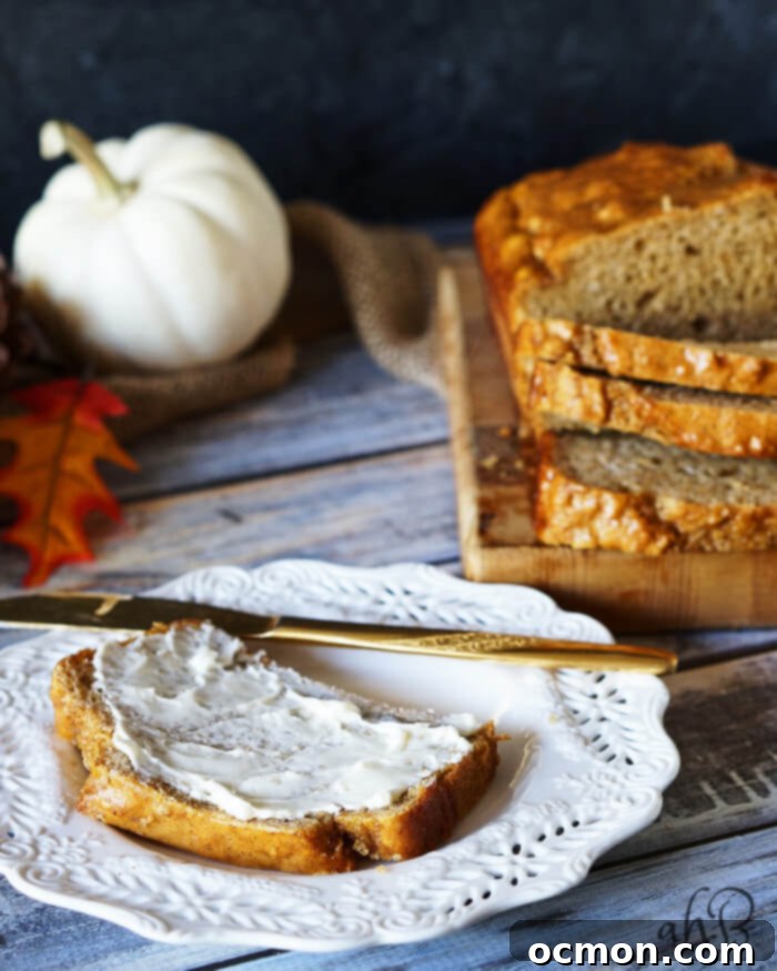 Cozy Pumpkin Ale Bread 4 Freshly baked Pumpkin Beer Bread with a generous topping of cinnamon honey butter