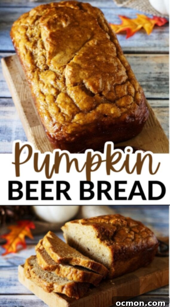 Cozy Pumpkin Ale Bread 6 Sliced Pumpkin Beer Bread loaf on a wooden cutting board