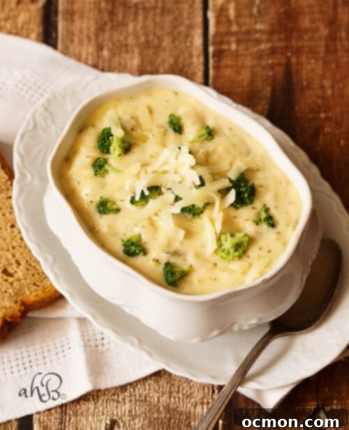 Velvety Cheddar Broccoli Soup 2 Rich and creamy homemade broccoli cheese soup served in a bowl