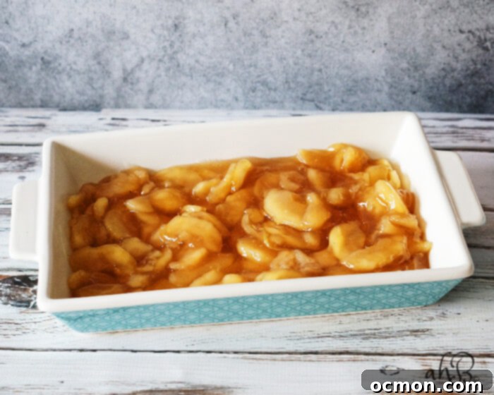 Two cans of sweet apple pie filling spread evenly to form the base layer of the caramel apple dump cake in a 9x13 baking dish.