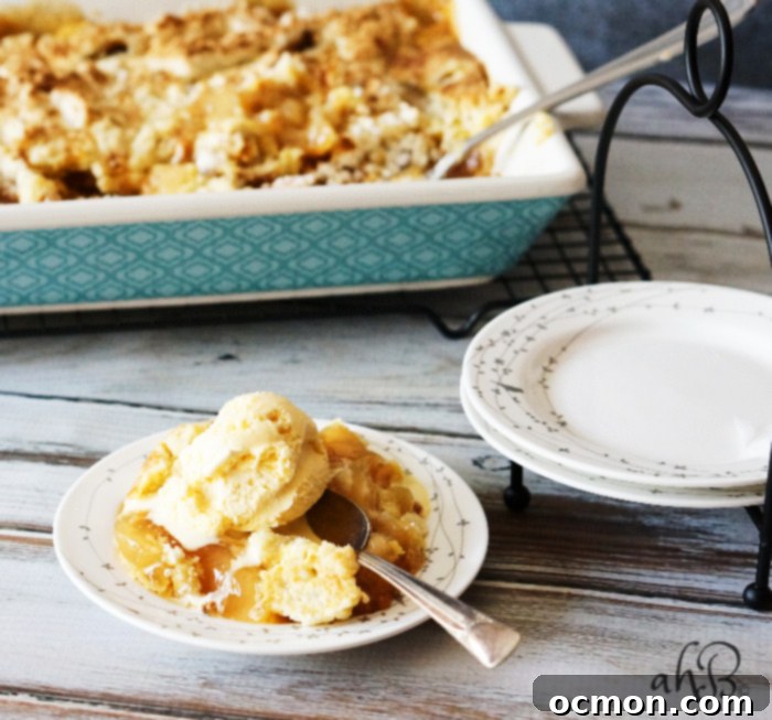 A top-down view of a delicious Caramel Apple Dump Cake, freshly baked and ready to serve, with a golden-brown crust.