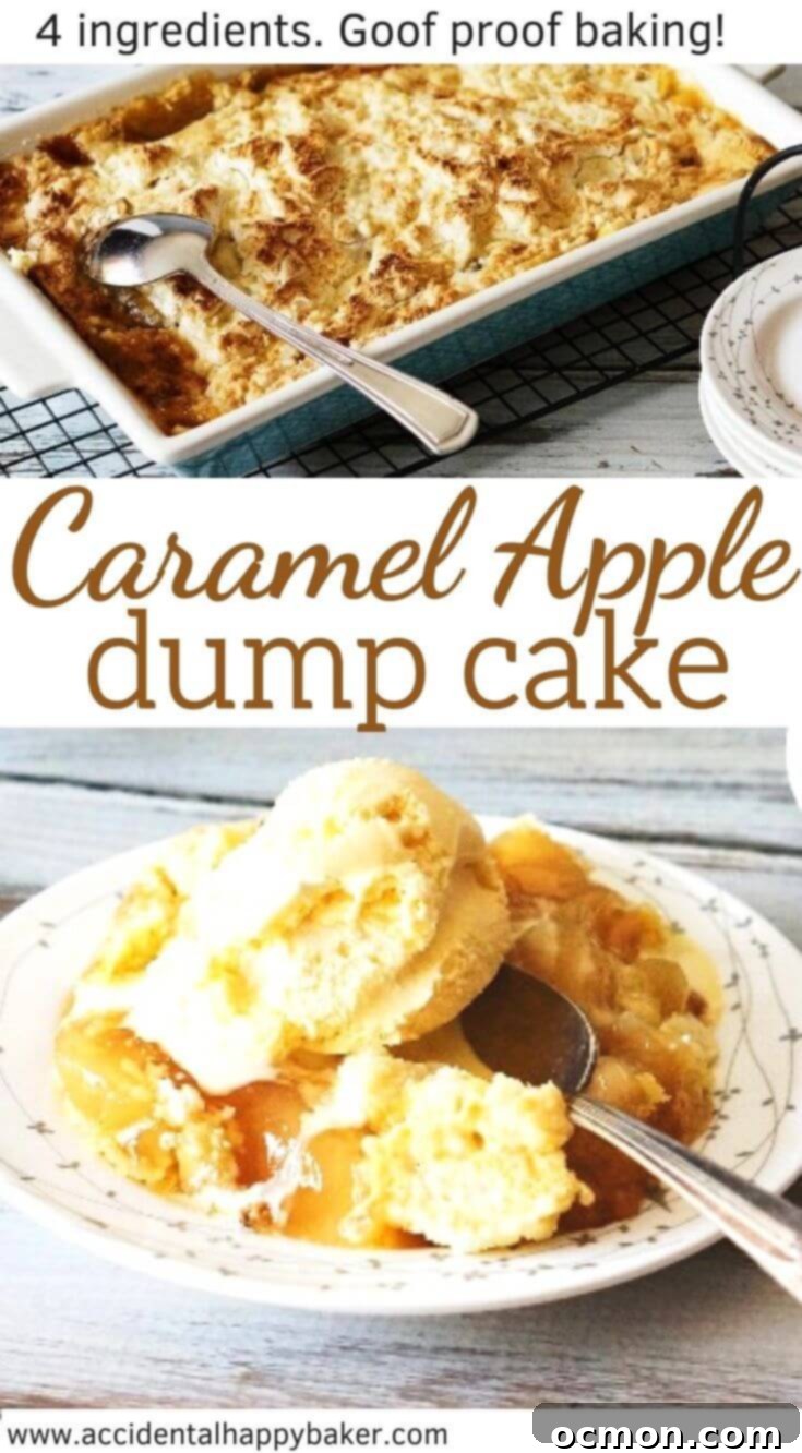 A vibrant close-up of a Caramel Apple Dump Cake with a perfectly golden, crumbly topping and gooey apple and caramel visible beneath, ready for pinning.