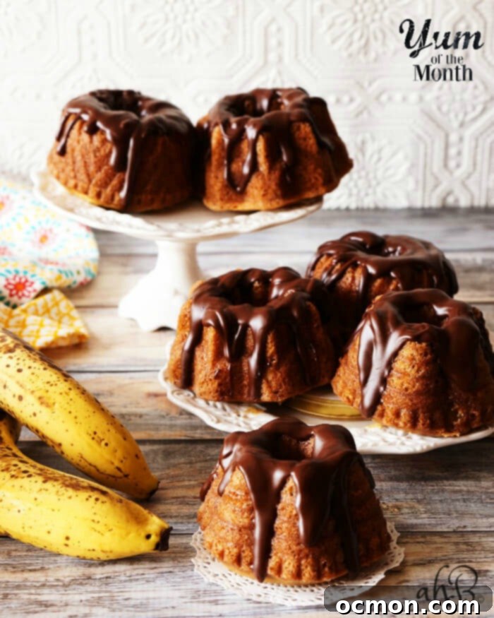 Irresistible Mini Banana Bundt Cakes 2 Close-up of a mini banana bundt cake with chocolate Nutella ganache