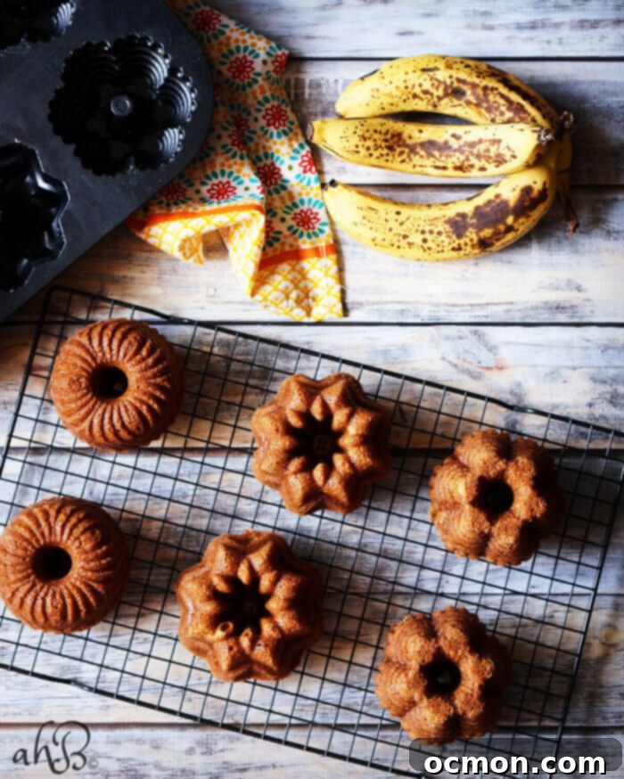 Irresistible Mini Banana Bundt Cakes 3 Two mini banana bundt cakes on a white plate, drizzled with chocolate Nutella ganache