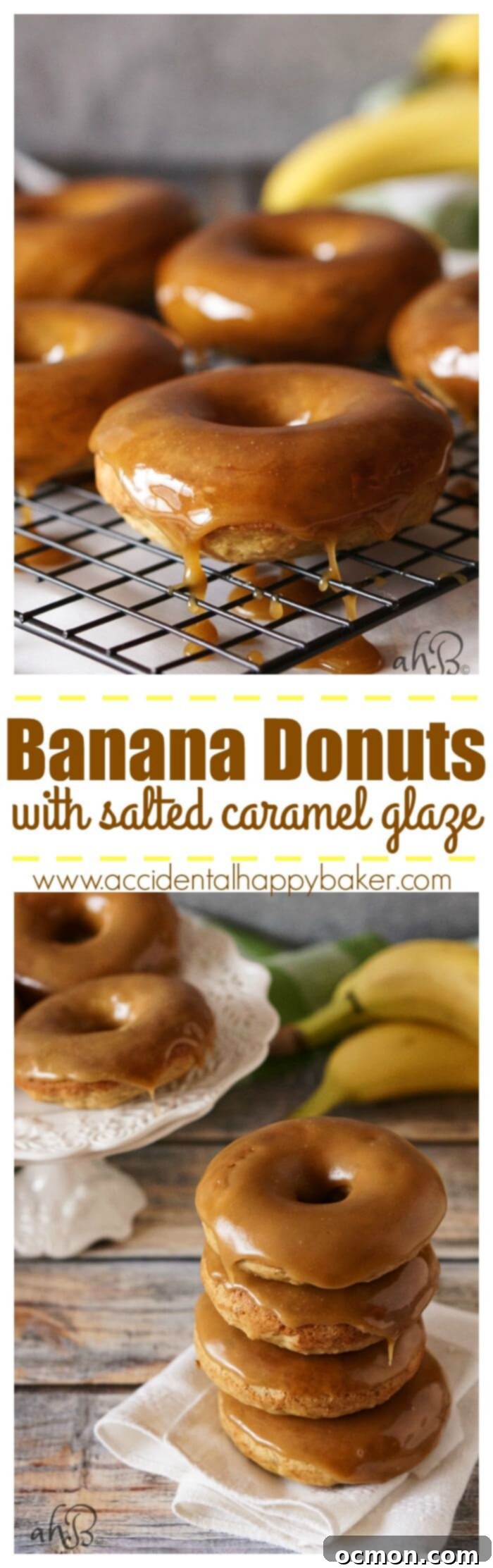 Salted Caramel Banana Donut Bliss 2 Moist banana bread-like donut dipped in a gorgeous buttery dark caramel glaze that sets up so pretty, with a pinch of salt to even out the sweetness. Recipe on www.accidentalhappybaker.com @AHBamy