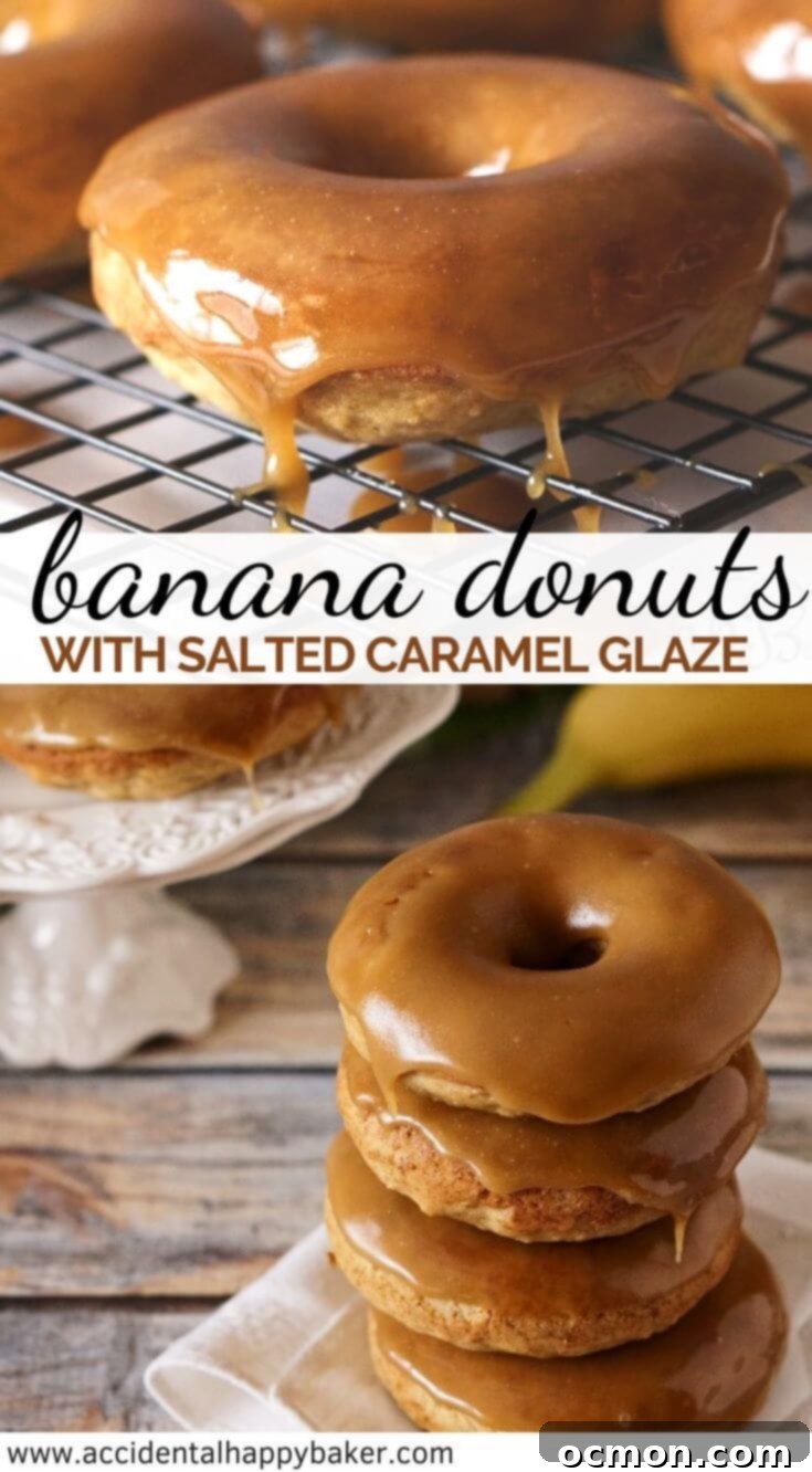 Salted Caramel Banana Donut Bliss 8 Moist banana bread-like donut dipped in a gorgeous buttery dark caramel glaze that sets up so pretty, with a pinch of salt to even out the sweetness. #bananadonuts