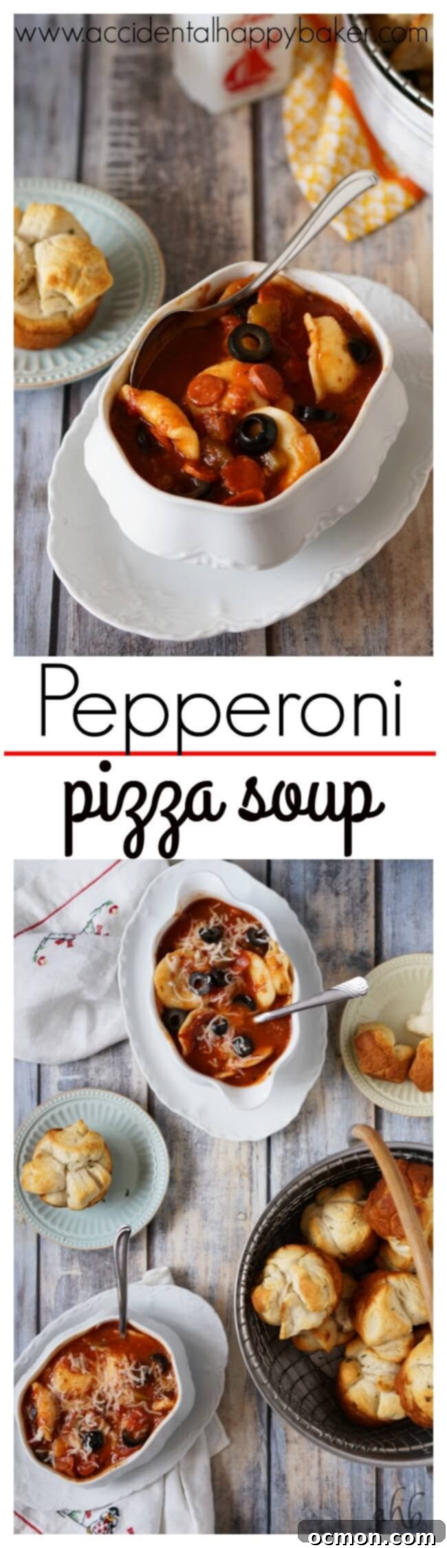 Delicious and hearty pepperoni pizza soup with melted cheese, served in a bowl with a spoon