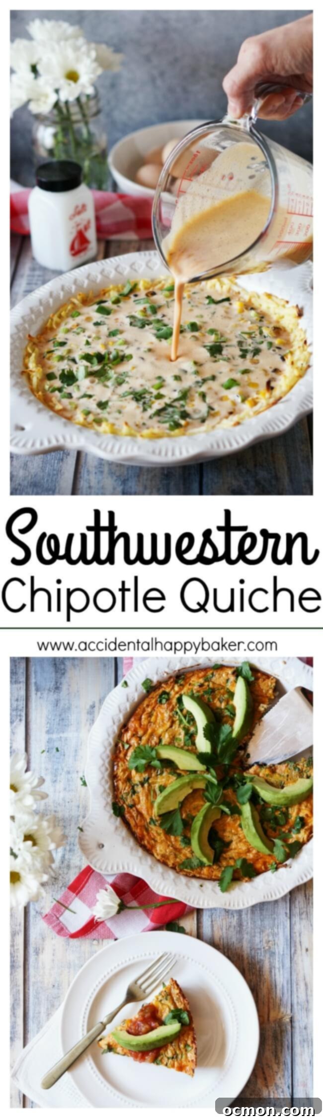 Smoky Southwestern Chipotle Quiche 2 Spicy and smoky chipotles bring the flavor in this veggie loaded Southwestern Chipotle Quiche. Full of roasted corn, black beans, green onions, cheddar and a hashbrown potato crust. Recipe on www.accidentalhappybaker.com @AHBamy #ad #VivaLaMorena