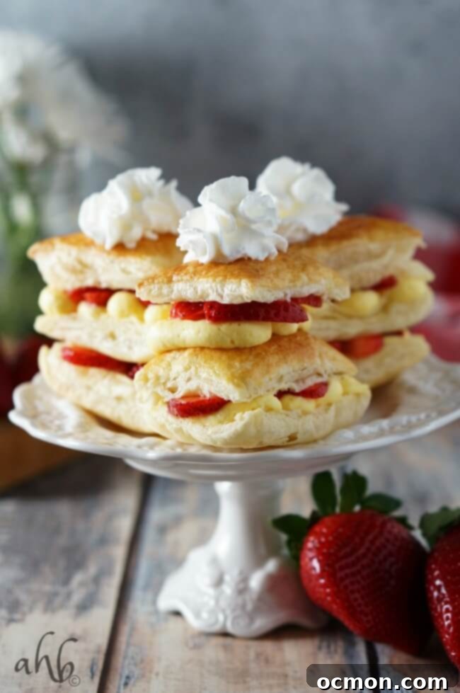 Stacked Strawberry Napoleons with fresh whipped cream and berries.