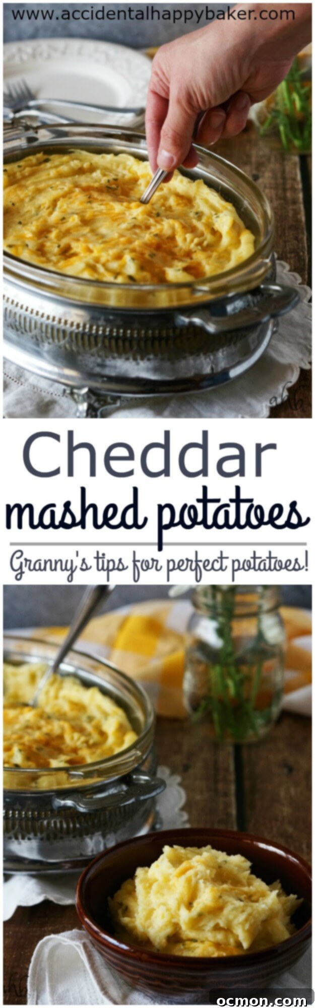 Creamy and fluffy mashed potatoes are taken to the next level of delicious with the addition of sharp cheddar cheese for a side dish everyone will love. Recipe on www.accidentalhappybaker.com @AHBamy