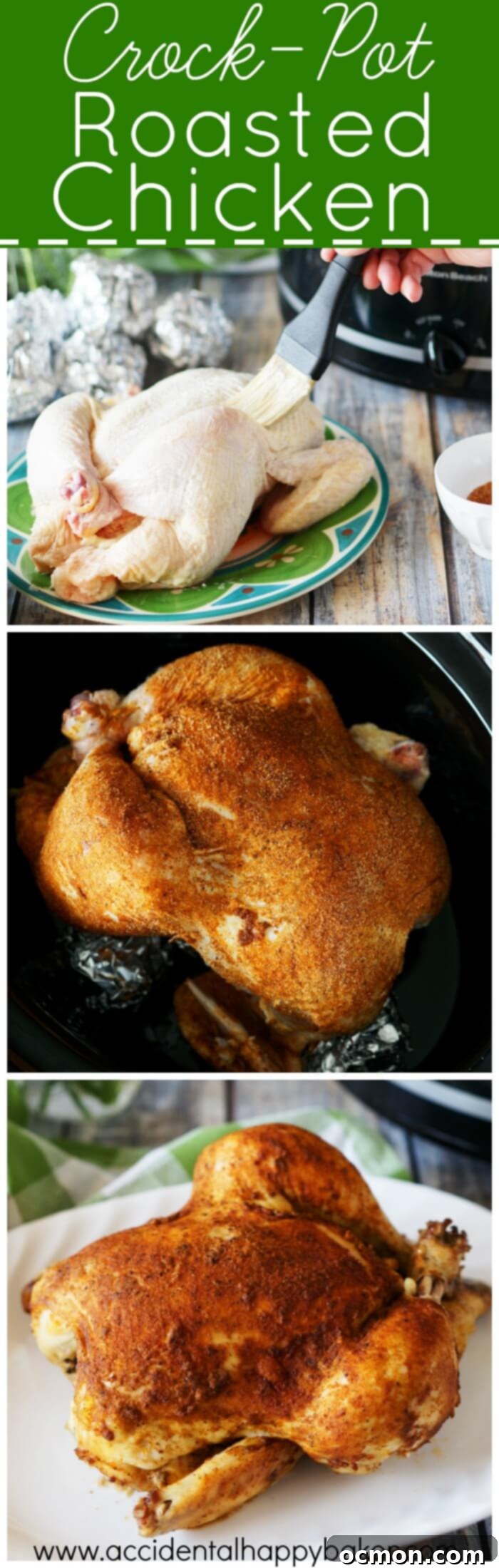 Slow Cooker Tender Roasted Chicken 2 Delicious whole roasted chicken cooked to perfection in a crockpot, ready to serve.