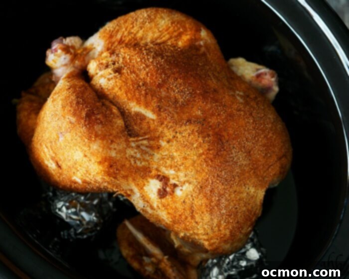 Slow cooker chicken, ready for carving or shredding, with various serving ideas.
