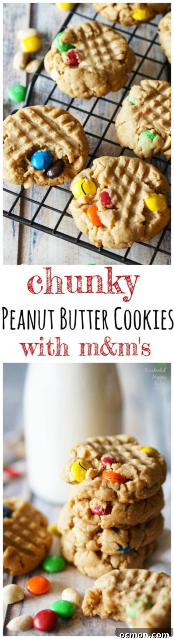 Delicious Chunky Peanut Butter Cookies with M&M's on a cooling rack