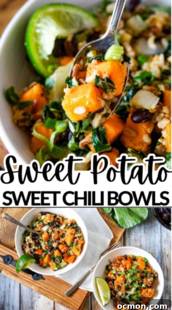 A large serving of sweet potato sweet chili bowls in a white dish