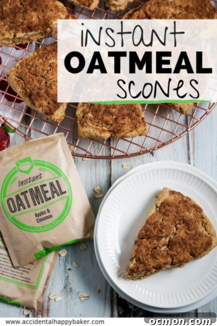 Quick Oatmeal Scones 9 These sweet and tender instant oatmeal scones are baked with a crunchy cinnamon sugar topping and made versatile by using instant oatmeal packets! #oatmealscones #instantoatmeal #sconesrecipe #bakinghack #accidentalhappybaker