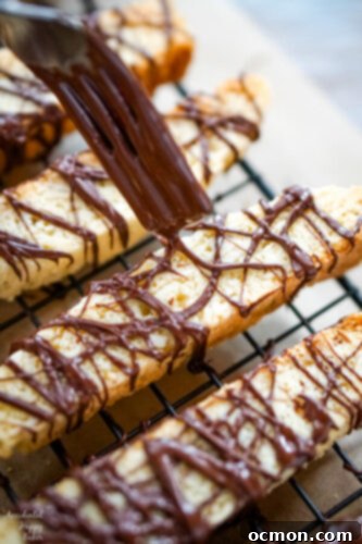 Artisan Chocolate Almond Biscotti 12 Drizzle the melted chocolate over the cooled biscotti cookies.