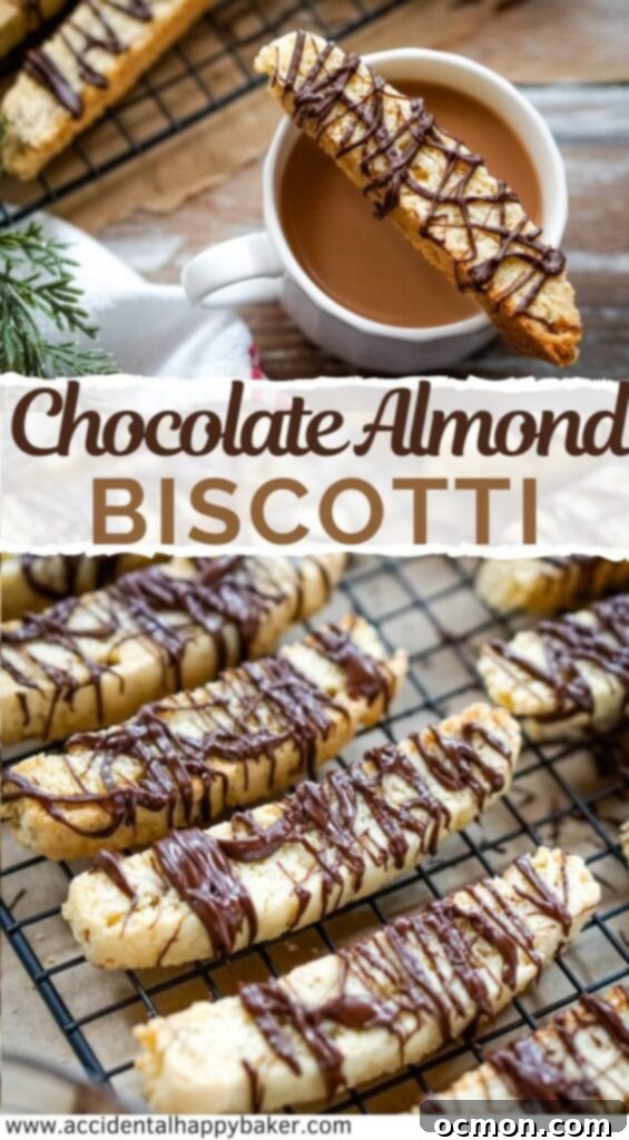 Artisan Chocolate Almond Biscotti 5 Chocolate almond biscotti are crisp buttery cookies full of sliced almonds and drizzled with chocolate that make the perfect cookie for dunking in coffee or cocoa.