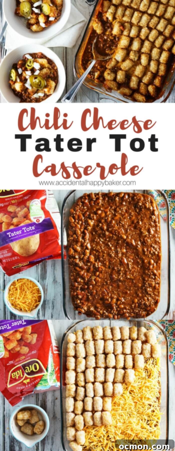 Loaded Chili Cheese Tater Tot Bake 2 Chili Cheese Tater Tot casserole is an easy make ahead weeknight meal. A hearty beef and bean chili base is topped with gooey melted cheddar cheese and finished with crispy tater tots.