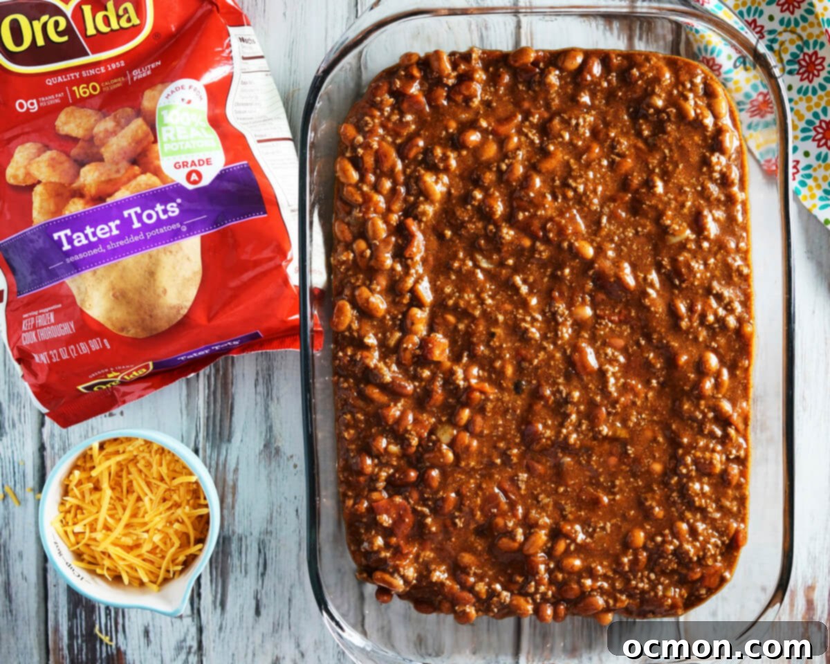 Loaded Chili Cheese Tater Tot Bake 5 The bottom layer of the casserole is a chili base.