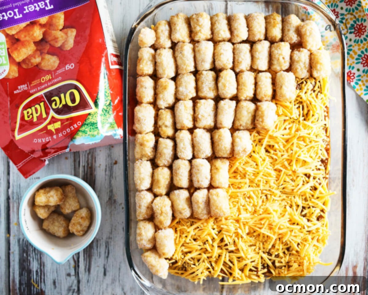 Loaded Chili Cheese Tater Tot Bake 7 A layer of tater tots goes on top.