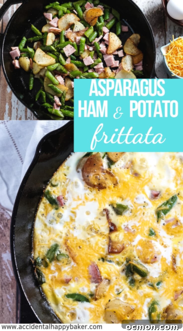 Hearty Ham, Asparagus, and Potato Frittata 7 Creamy eggs, tender asparagus, ham, potatoes and cheese make a hearty breakfast dish that comes together in less than 30 minutes. #frittatarecipe #asparagus #breakfast #accidentalhappybaker