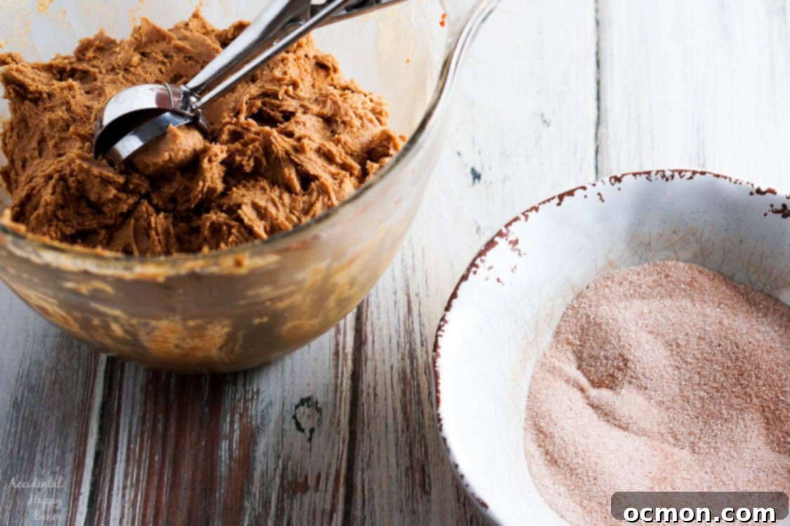 A bowl of pumpkin gingersnap cookie dough ready for baking, alongside a bowl of cinnamon and sugar for rolling.