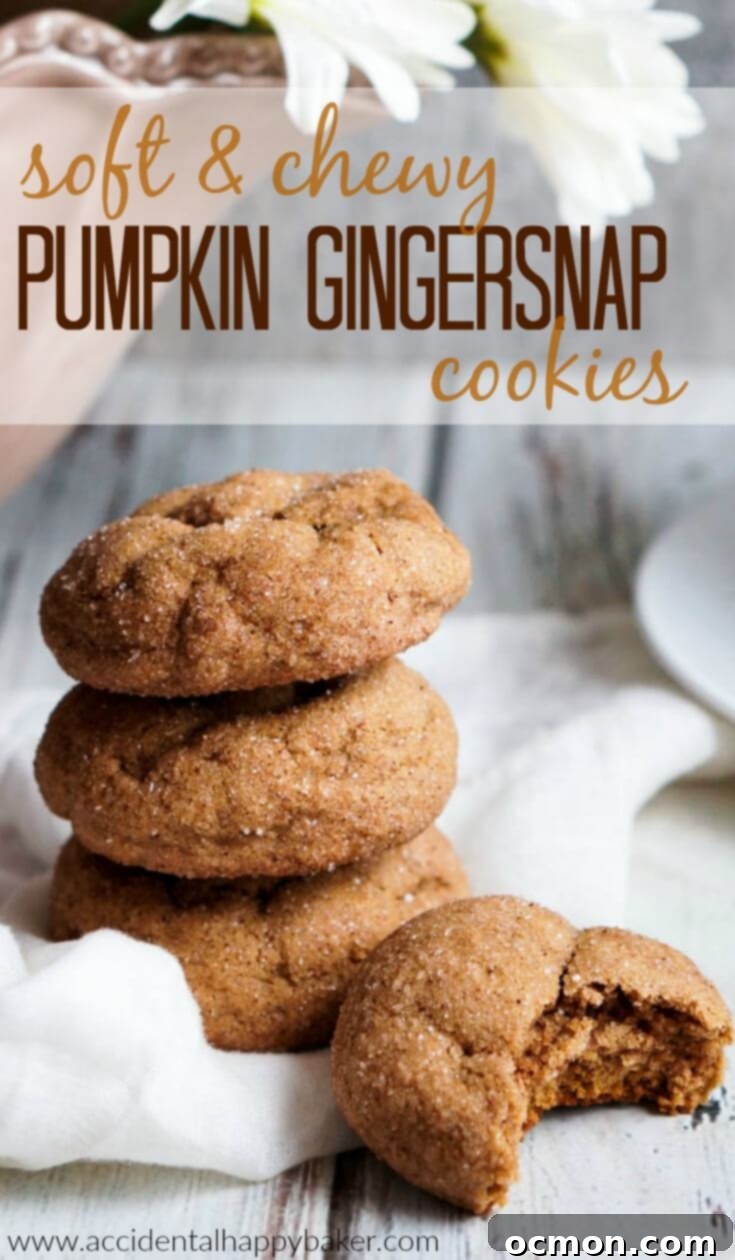 A vibrant, fall-themed pin image for Pumpkin Gingersnap Cookies recipe, perfect for sharing on social media.