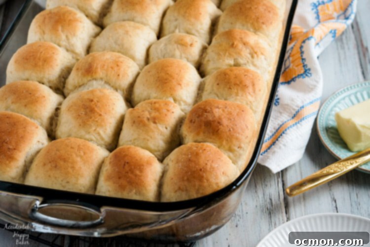 A pan of light and fluffy oatmeal rolls fresh from the oven. 
