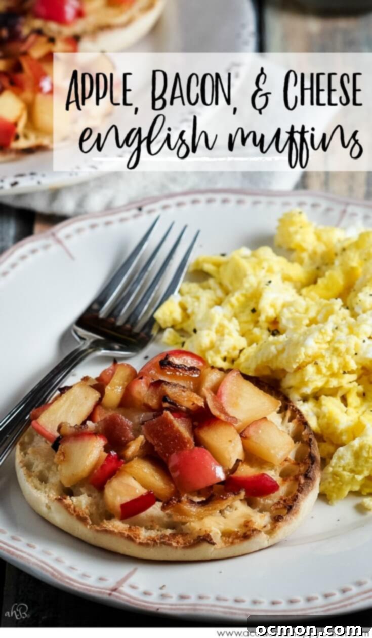 Pinterest pin showing broiled Apple Bacon Cheese English Muffins