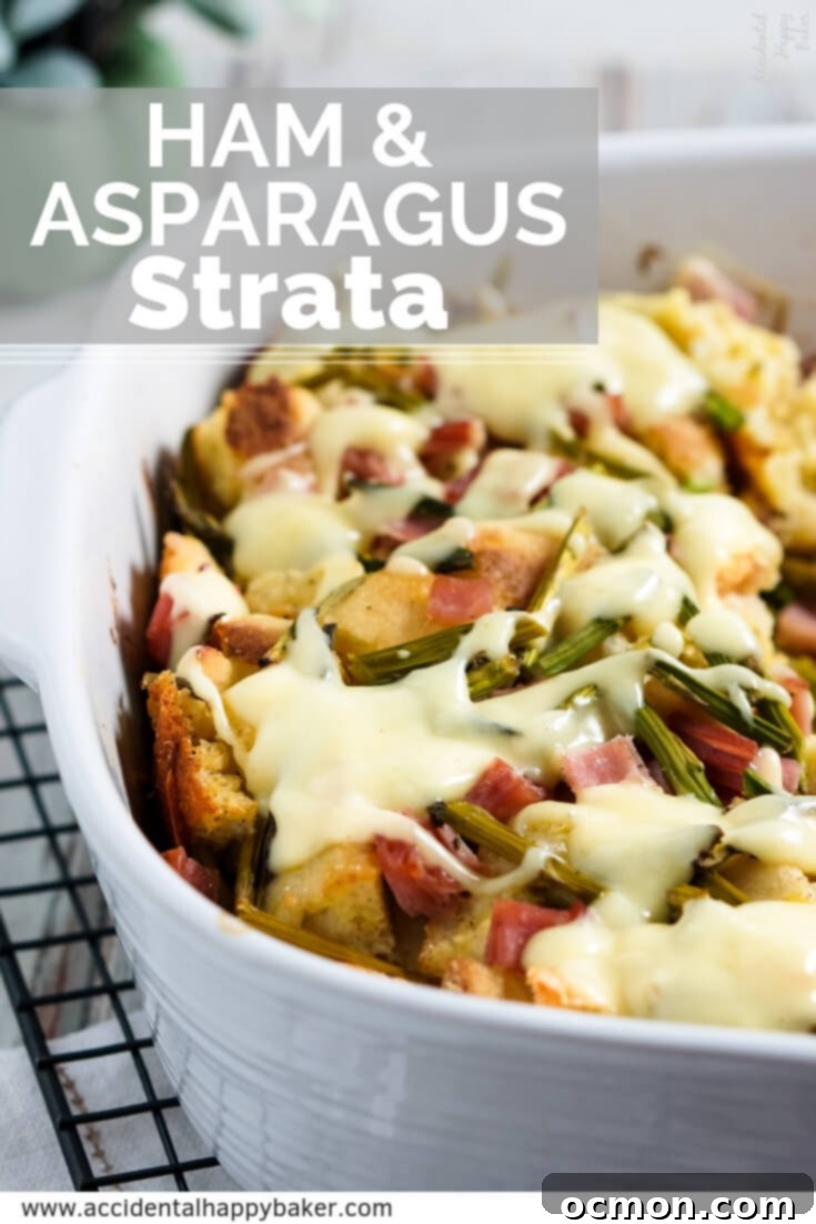 Spring Ham and Asparagus Bake 9 Layers of English muffins, ham, asparagus and cheese are drenched in eggs, Hollandaise mix and half and half for a hearty breakfast casserole that works great anytime of year. #ham #asparagus #breakfastcasserole #breakfastrecipe #accidentalhappybaker