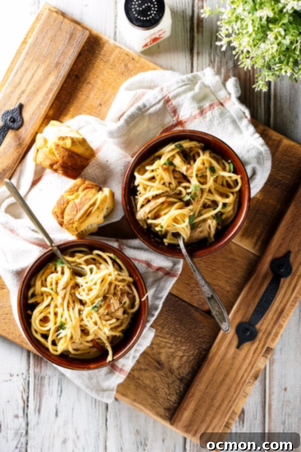 Creamy Crockpot Chicken Spaghetti cooked to perfection