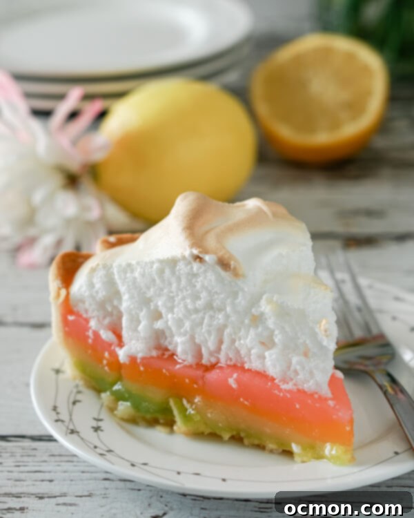Pastel Peaks of Lemon Sunshine 2 A slice of rainbow colored lemon meringue pie showing the vibrant layers inside
